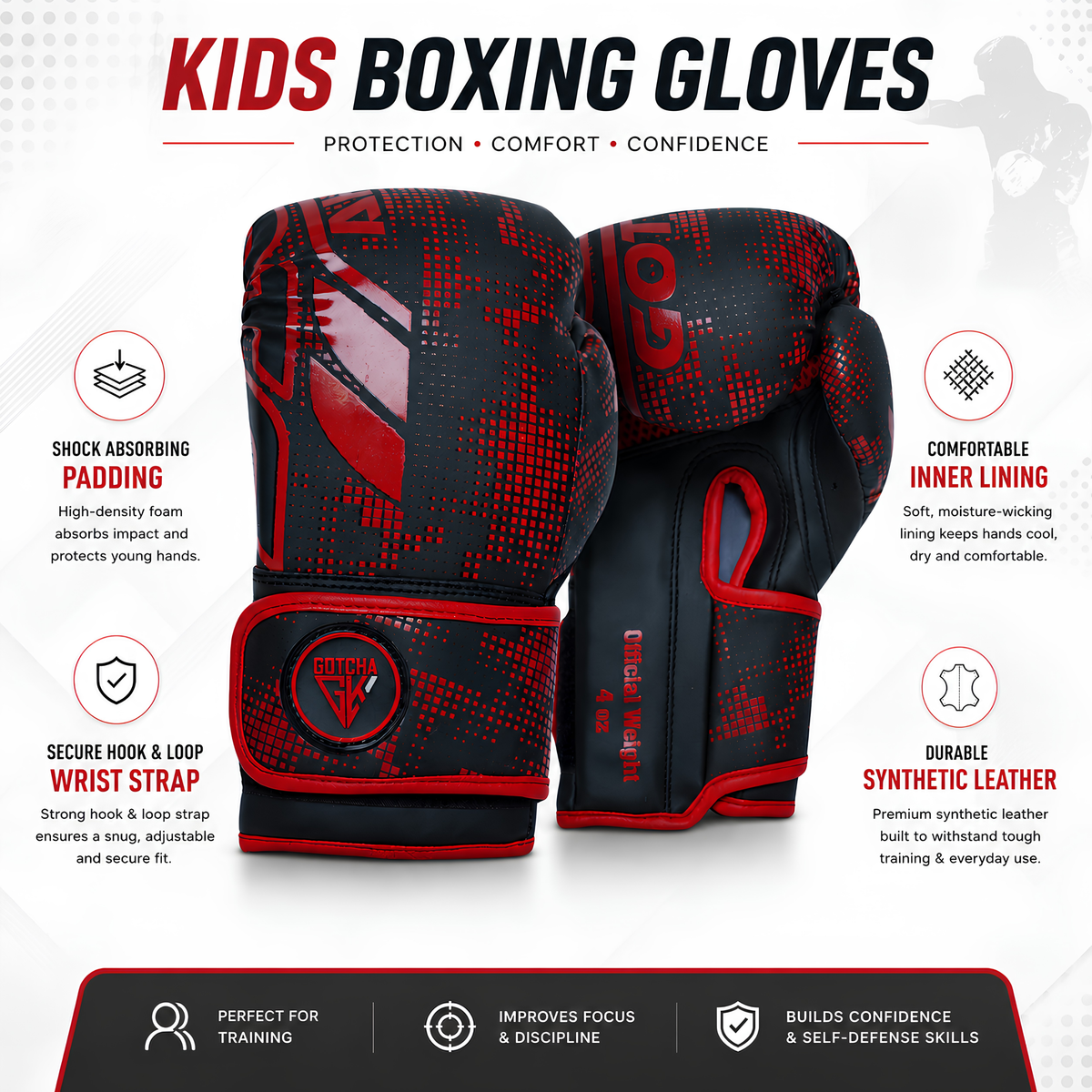 GotchaKart Kids Boxing Gloves 4oz & 6oz for Sparring, Muay Thai & Kickboxing